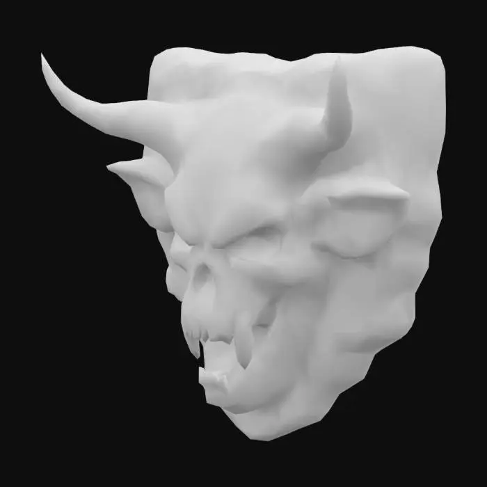 3D model for Low-poly sculpted orc skull carving, aggressive expression with fangs and pointed ears. Designed as a decorative stone relief. Stylized for dungeon orc architecture. Carved into green basalt stone, flat back for wall mounting. Texture includes aged cracks and chiseled stone detail. Game-ready, low polygon, no background, optimized silhouette.
