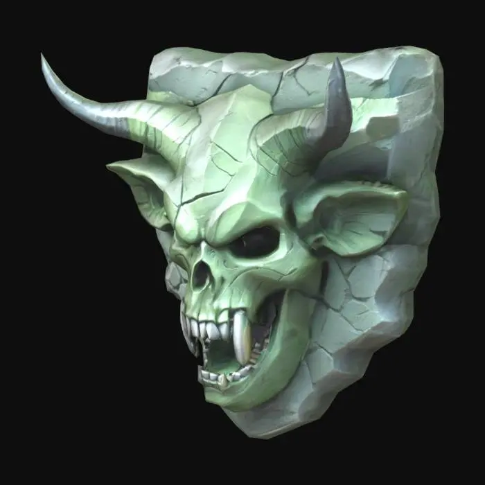 3D model for Low-poly sculpted orc skull carving, aggressive expression with fangs and pointed ears. Designed as a decorative stone relief. Stylized for dungeon orc architecture. Carved into green basalt stone, flat back for wall mounting. Texture includes aged cracks and chiseled stone detail. Game-ready, low polygon, no background, optimized silhouette.