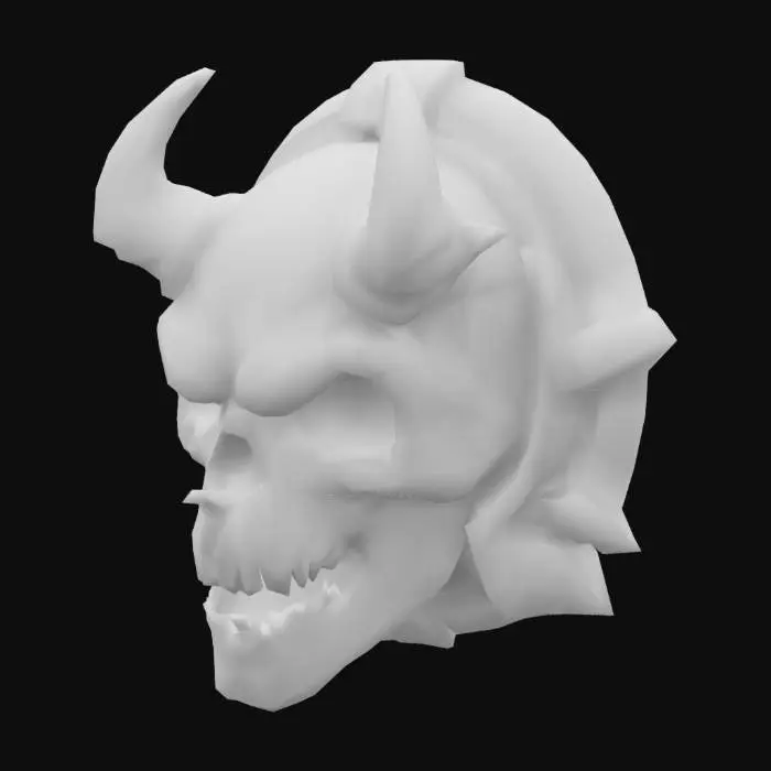 3D model for Low-poly sculpted orc skull carving, aggressive expression with fangs and pointed ears. Designed as a decorative stone relief. Stylized for dungeon orc architecture. Carved into green basalt stone, flat back for wall mounting. Texture includes aged cracks and chiseled stone detail. Game-ready, low polygon, no background, optimized silhouette.