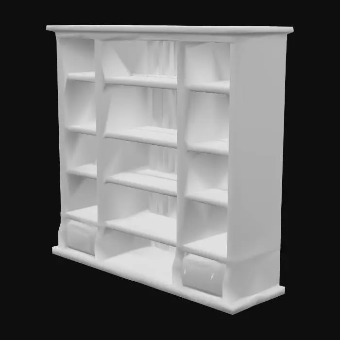 3D model for A stylized wooden bookcase with a simple yet charming design. Made of thick, slightly curved planks with exaggerated wood grain and softened edges for a hand-crafted look. The shelves are slightly uneven, giving a whimsical feel. The wood has a warm, worn texture with subtle scratches and dents. Some books lean casually, while others are stacked. The back panel consists of vertical planks with visible seams, enhancing its rustic, medieval fantasy aesthetic.", #game figure#