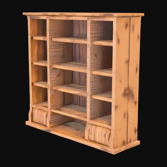 3D model for A stylized wooden bookcase with a simple yet charming design. Made of thick, slightly curved planks with exaggerated wood grain and softened edges for a hand-crafted look. The shelves are slightly uneven, giving a whimsical feel. The wood has a warm, worn texture with subtle scratches and dents. Some books lean casually, while others are stacked. The back panel consists of vertical planks with visible seams, enhancing its rustic, medieval fantasy aesthetic.", #game figure#