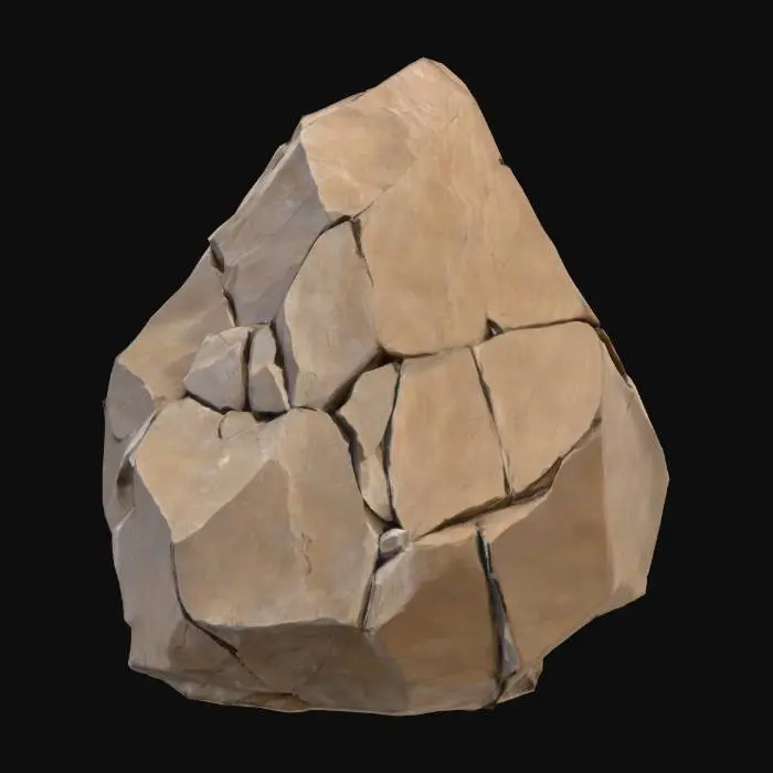 3D model for An imposing, irregularly shaped boulder, appearing as a large, weathered rock formation. Its dominant form is a tall, craggy mass with a sharp, pointed apex and numerous natural fractures and crevices. The stone itself is a muted, earthy brown-grey, displaying subtle variations in tone. Its surface is exceptionally rough and uneven, covered in a detailed texture of pockmarks, small embedded debris, and eroded patches, giving it a very dry, gritty, and coarse tactile quality.