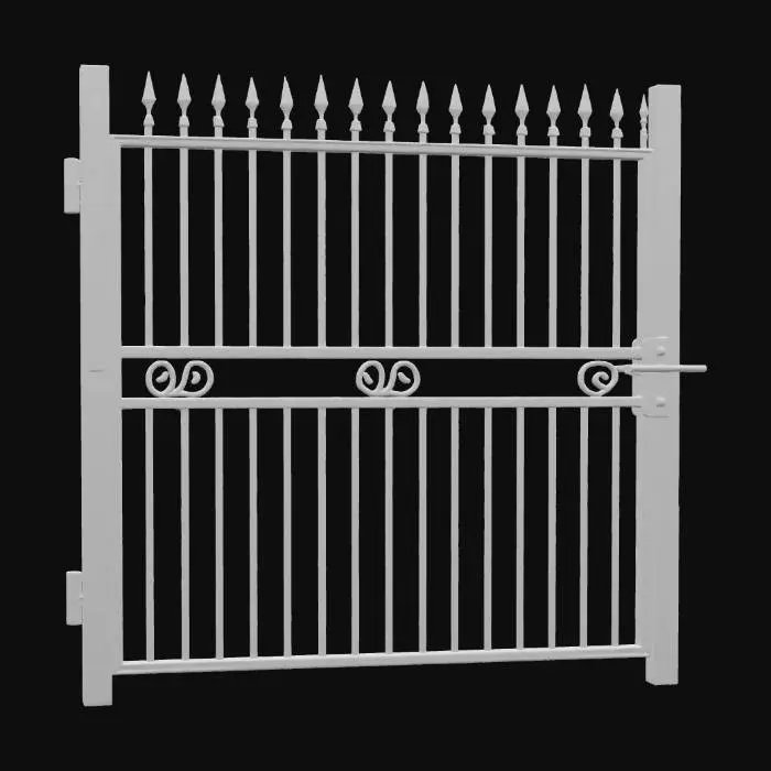 3D model for A sturdy, modular cemetery metal gate, designed to perfectly match the fence, crafted from dark, aged wrought iron. Its surface exhibits a rough, slightly pitted texture with hints of rust, conveying a weathered, antique feel. The gate features vertical, slender metal pickets topped with sharp, spear-like finials, secured within a robust, rectangular frame. Ornate horizontal rails with subtle, gothic-inspired scrollwork adorn its structure. The gate is a deep, muted charcoal black with brown rust tones, possessing a cold, hard, and heavy tactile quality, and includes prominent, heavy-duty hinges and a simple, secure latch mechanism.