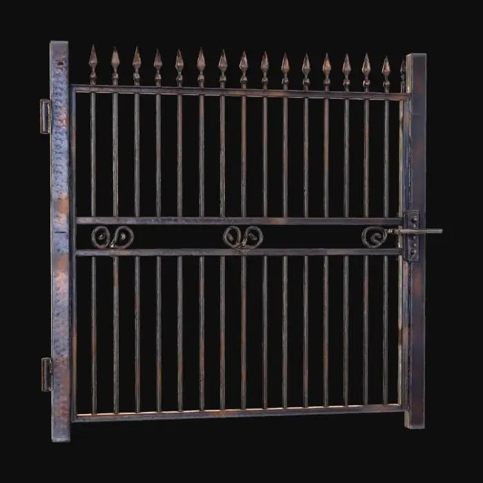 3D model for A sturdy, modular cemetery metal gate, designed to perfectly match the fence, crafted from dark, aged wrought iron. Its surface exhibits a rough, slightly pitted texture with hints of rust, conveying a weathered, antique feel. The gate features vertical, slender metal pickets topped with sharp, spear-like finials, secured within a robust, rectangular frame. Ornate horizontal rails with subtle, gothic-inspired scrollwork adorn its structure. The gate is a deep, muted charcoal black with brown rust tones, possessing a cold, hard, and heavy tactile quality, and includes prominent, heavy-duty hinges and a simple, secure latch mechanism.