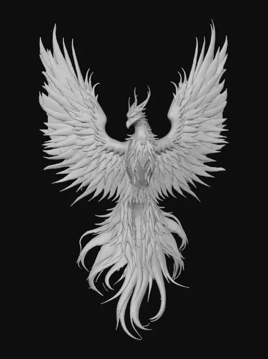 3D model for Hazme un modelo 3D del ave fénix de fuego abriendo las alas, tipo anime de Saint Seiya, en tonos rojo, naranja y amarillo. Se tiene que ver imponente.