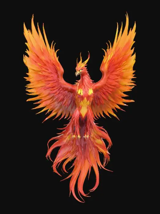 3D model for Hazme un modelo 3D del ave fénix de fuego abriendo las alas, tipo anime de Saint Seiya, en tonos rojo, naranja y amarillo. Se tiene que ver imponente.