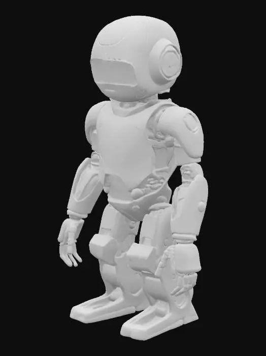 3D model for "Create a humanoid AI robot assistant with a sleek, futuristic metallic body and smooth joint movements. The robot should have semi-transparent panels revealing glowing internal circuits (in blue and neon green). Its limbs should be mechanical with exposed gears and pistons, but designed to look graceful and precise — like an advanced helper. The robot’s head should feature a digital face display capable of showing expressions, and glowing eyes that adjust brightness. Add subtle lighting effects around the joints and chest, and give the overall design a clean, modern lab environment background."