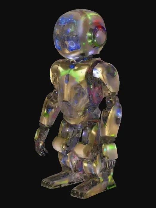 3D model for "Create a humanoid AI robot assistant with a sleek, futuristic metallic body and smooth joint movements. The robot should have semi-transparent panels revealing glowing internal circuits (in blue and neon green). Its limbs should be mechanical with exposed gears and pistons, but designed to look graceful and precise — like an advanced helper. The robot’s head should feature a digital face display capable of showing expressions, and glowing eyes that adjust brightness. Add subtle lighting effects around the joints and chest, and give the overall design a clean, modern lab environment background."