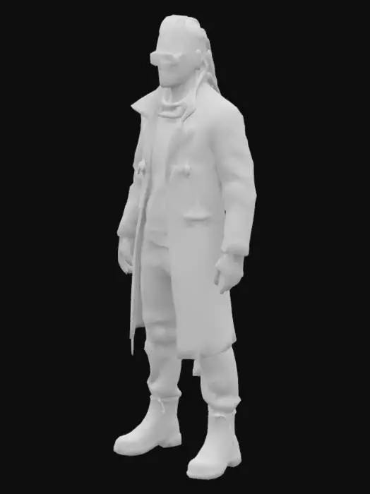 3D model for Futurystyczny haker mający z tyłu głowy neuro łącza jest ubrany w skórzany płaszcz ma dredy na głowie okulary przeciwsłoneczne polaryzacyjne ręce ma robotyczne jedna ręka robotyczna. 