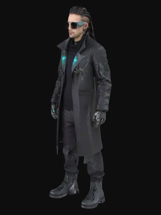 3D model for Futurystyczny haker mający z tyłu głowy neuro łącza jest ubrany w skórzany płaszcz ma dredy na głowie okulary przeciwsłoneczne polaryzacyjne ręce ma robotyczne jedna ręka robotyczna. 