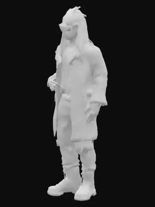 3D model for Futurystyczny haker mający z tyłu głowy neuro łącza jest ubrany w skórzany płaszcz ma dredy na głowie okulary przeciwsłoneczne polaryzacyjne ręce ma robotyczne jedna ręka robotyczna. 