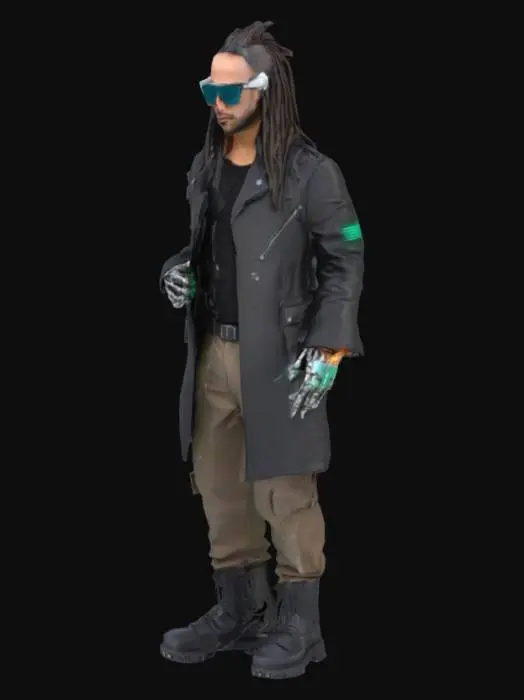 3D model for Futurystyczny haker mający z tyłu głowy neuro łącza jest ubrany w skórzany płaszcz ma dredy na głowie okulary przeciwsłoneczne polaryzacyjne ręce ma robotyczne jedna ręka robotyczna. 