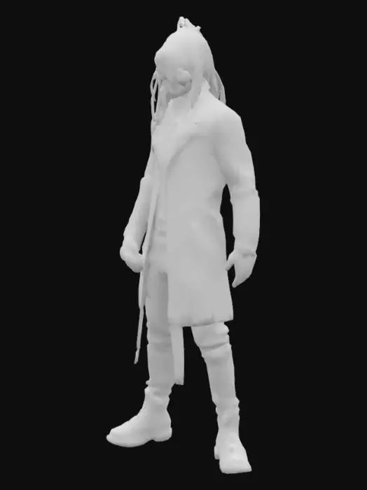 3D model for Futurystyczny haker mający z tyłu głowy neuro łącza jest ubrany w skórzany płaszcz ma dredy na głowie okulary przeciwsłoneczne polaryzacyjne ręce ma robotyczne jedna ręka robotyczna. 