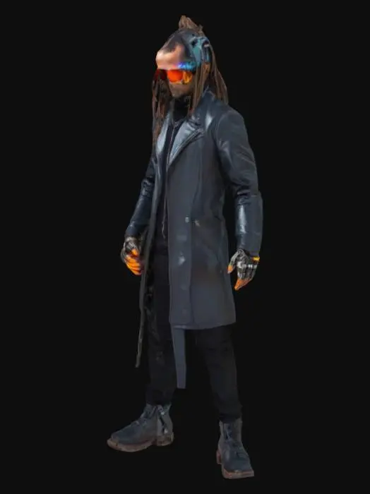 3D model for Futurystyczny haker mający z tyłu głowy neuro łącza jest ubrany w skórzany płaszcz ma dredy na głowie okulary przeciwsłoneczne polaryzacyjne ręce ma robotyczne jedna ręka robotyczna. 