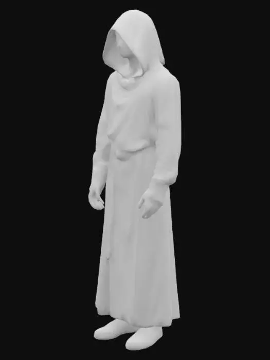 3D model for The object features a humanoid figure with a flowing, angular robe and hood, highlighted by sharp, vibrant neon yellow lines and a smooth, dark texture, set against an electrified, cracked terrain.