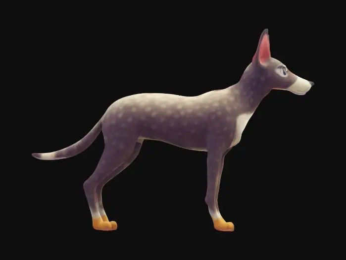 3D model for The object is a sleek, quadruped dog with a robust, symmetrical build and smooth, shiny black fur.