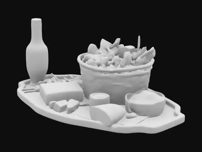 3D model for Fish and chip basket, side of coleslaw, cheesecake, IPA in a bottle