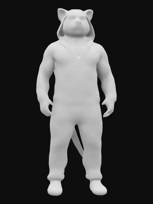 3D model for a muscular bara male humanoid character with a smooth, slightly glossy skin texture, wearing a bright, yellow tiger onesie half-zipped, conveying a vibrant and celebratory mood, Full Body.