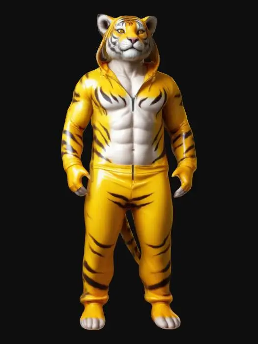 3D model for a muscular bara male humanoid character with a smooth, slightly glossy skin texture, wearing a bright, yellow tiger onesie half-zipped, conveying a vibrant and celebratory mood, Full Body.