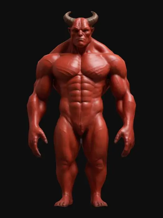 3D model for This object is a muscular humanoid figure with a smooth, vividly red texture, featuring exaggerated anatomical proportions and two small horns, Full Body