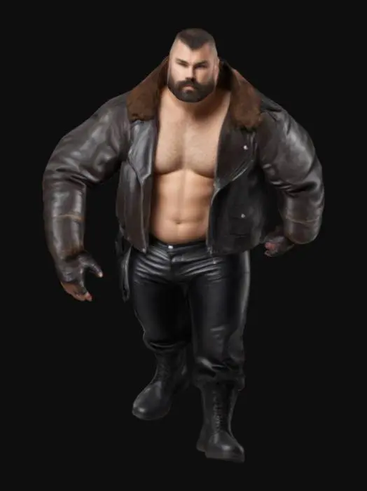 3D model for a male humanoid with a muscular large hairy body, wearing leather biker jacket with his chest exposed, form fitting leather pant,  military boots, facial hair and short hair cut, Full Body.
