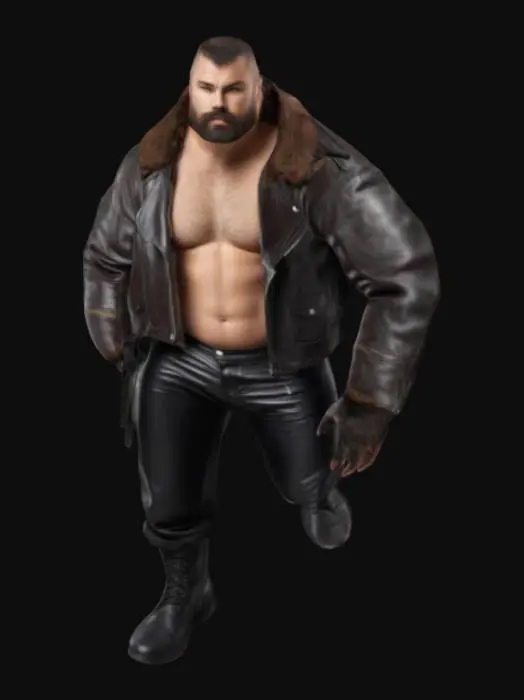 3D model for a male humanoid with a muscular large hairy body, wearing leather biker jacket with his chest exposed, form fitting leather pant,  military boots, facial hair and short hair cut, Full Body.