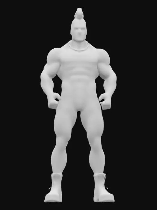 3D model for an athletic muscular male humanoid wearing a pair of form-fitting, latex black speedo with a smooth, reflective texture and a tightly contoured shape around the legs, a cuban link chain around his neck, facial scruff and a high and tight haircut, wearing military boots, Full Body.