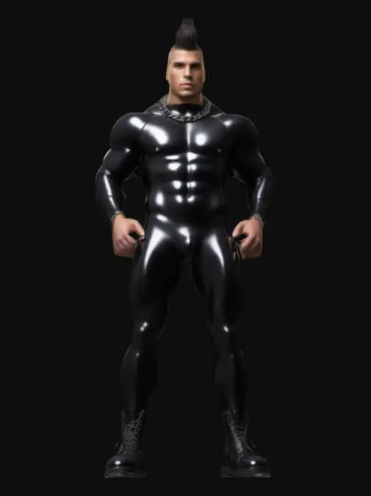 3D model for an athletic muscular male humanoid wearing a pair of form-fitting, latex black speedo with a smooth, reflective texture and a tightly contoured shape around the legs, a cuban link chain around his neck, facial scruff and a high and tight haircut, wearing military boots, Full Body.