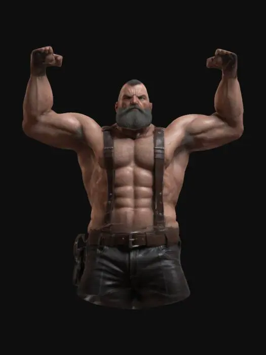 3D model for muscular male humanoid in a t-pose, daddy, leather, beard, shirtless, burly, high detail