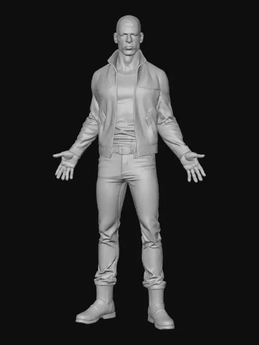 3D model for A masculine Black man stands confidently, exuding an air of sophisticated ruggedness. He wears a deep brown leather jacket, its supple, slightly worn texture hinting at quality and warmth. Beneath it, a scarlet ribbed mock neck sweater provides a striking contrast, its fine knit texture visible. A flashy, ornate metal belt buckle gleams against his dark wash bleached denim jeans, which are neatly tucked into thick, polished black leather patrol boots with sturdy lacing. His posture is upright and self-assured.