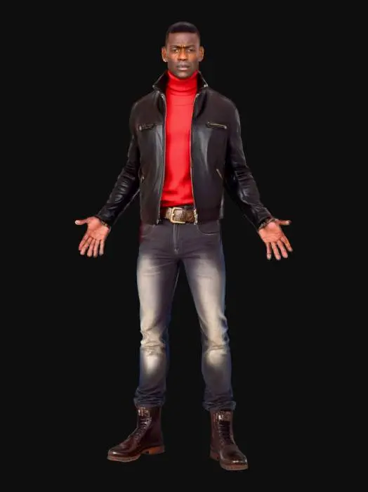 3D model for A masculine Black man stands confidently, exuding an air of sophisticated ruggedness. He wears a deep brown leather jacket, its supple, slightly worn texture hinting at quality and warmth. Beneath it, a scarlet ribbed mock neck sweater provides a striking contrast, its fine knit texture visible. A flashy, ornate metal belt buckle gleams against his dark wash bleached denim jeans, which are neatly tucked into thick, polished black leather patrol boots with sturdy lacing. His posture is upright and self-assured.