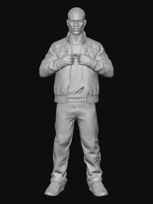 3D model for A masculine Black man stands confidently, exuding an air of sophisticated ruggedness. He wears a deep brown leather jacket, its supple, slightly worn texture hinting at quality and warmth. Beneath it, a scarlet ribbed mock neck sweater provides a striking contrast, its fine knit texture visible. A flashy, ornate metal belt buckle gleams against his dark wash bleached denim jeans, which are neatly tucked into thick, polished black leather patrol boots with sturdy lacing. His posture is upright and self-assured.