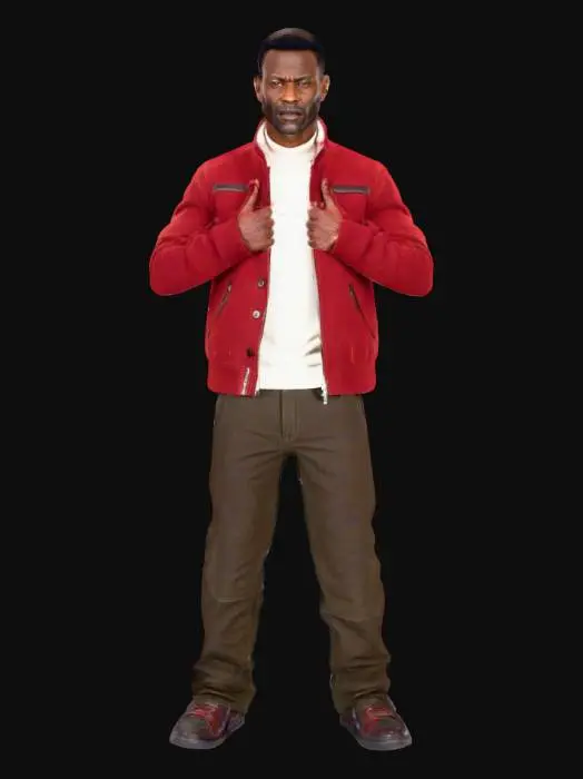 3D model for A masculine Black man stands confidently, exuding an air of sophisticated ruggedness. He wears a deep brown leather jacket, its supple, slightly worn texture hinting at quality and warmth. Beneath it, a scarlet ribbed mock neck sweater provides a striking contrast, its fine knit texture visible. A flashy, ornate metal belt buckle gleams against his dark wash bleached denim jeans, which are neatly tucked into thick, polished black leather patrol boots with sturdy lacing. His posture is upright and self-assured.