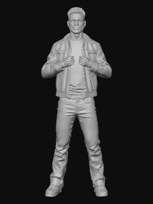 3D model for A masculine Black man stands confidently, exuding an air of sophisticated ruggedness. He wears a deep brown leather jacket, its supple, slightly worn texture hinting at quality and warmth. Beneath it, a scarlet ribbed mock neck sweater provides a striking contrast, its fine knit texture visible. A flashy, ornate metal belt buckle gleams against his dark wash bleached denim jeans, which are neatly tucked into thick, polished black leather patrol boots with sturdy lacing. His posture is upright and self-assured.