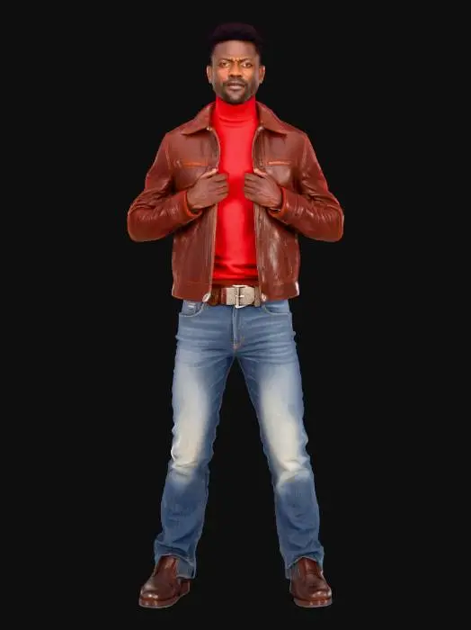 3D model for A masculine Black man stands confidently, exuding an air of sophisticated ruggedness. He wears a deep brown leather jacket, its supple, slightly worn texture hinting at quality and warmth. Beneath it, a scarlet ribbed mock neck sweater provides a striking contrast, its fine knit texture visible. A flashy, ornate metal belt buckle gleams against his dark wash bleached denim jeans, which are neatly tucked into thick, polished black leather patrol boots with sturdy lacing. His posture is upright and self-assured.