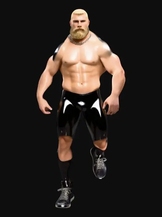3D model for an athletic muscular male humanoid wearing a pair of form-fitting, latex black speedo with a smooth, reflective texture and a tightly contoured shape around the legs, a cuban link chain around his neck, he is blonde with a beard and a clean  haircut, wearing high top sneakers, Full Body.