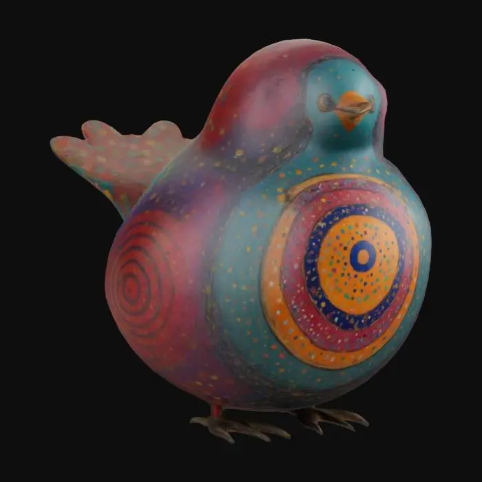 3D model for The object features a bird-shaped form with a rounded body and a smooth, painted surface, embellished with colorful dotted patterns
