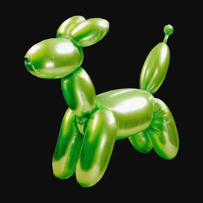 3D model for The object is a shiny, lime-green balloon sculpture shaped like a dog, featuring smooth, inflated, tubular segments joined together similar to the Jeff Koons inflatable balloon sculptures.