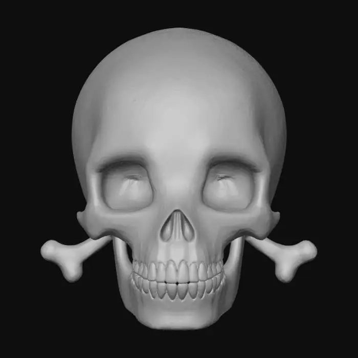 3D model for A stylized, cute skull featuring exaggerated, smooth contours, with large, friendly eye sockets and a subtly upturned nasal cavity. Its gently rounded jawline reveals a row of small, uniform teeth, while two simple, polished crossbones are neatly positioned behind it. The entire structure boasts a metallic shiny, silver color with an iridescent finish, feeling futuristic y2k, evoking a playful rather than eerie aesthetic.