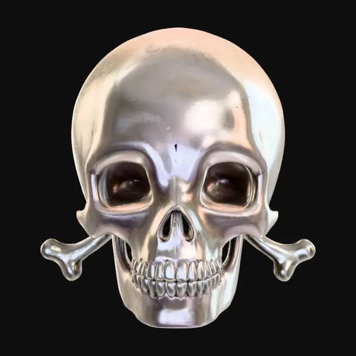 3D model for A stylized, cute skull featuring exaggerated, smooth contours, with large, friendly eye sockets and a subtly upturned nasal cavity. Its gently rounded jawline reveals a row of small, uniform teeth, while two simple, polished crossbones are neatly positioned behind it. The entire structure boasts a metallic shiny, silver color with an iridescent finish, feeling futuristic y2k, evoking a playful rather than eerie aesthetic.