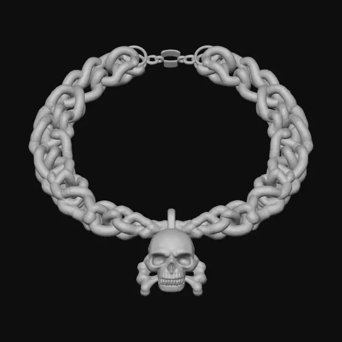3D model for A substantial Cuban link necklace, featuring thick, tightly interlocked oval links meticulously crafted from polished, silver-plated metal. Its surface gleams with a high-shine finish, reflecting light intensely. Suspended from this robust chain is a detailed metallic skull and crossbones pendant, cast with a smooth yet distinctly sculpted texture, its hard, cool surface presenting a stark, reflective contrast against the intricate silver links.