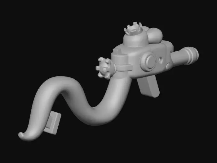 3D model for Roblox‑style funny Snake Blaster gun, bright blocky design, snake head as the barrel, big cute eyes, goofy expression, simple plastic texture, vibrant colors, kid‑friendly and cartoonish, clean render.