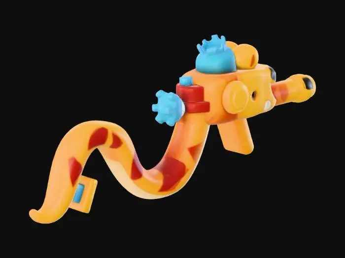 3D model for Roblox‑style funny Snake Blaster gun, bright blocky design, snake head as the barrel, big cute eyes, goofy expression, simple plastic texture, vibrant colors, kid‑friendly and cartoonish, clean render.