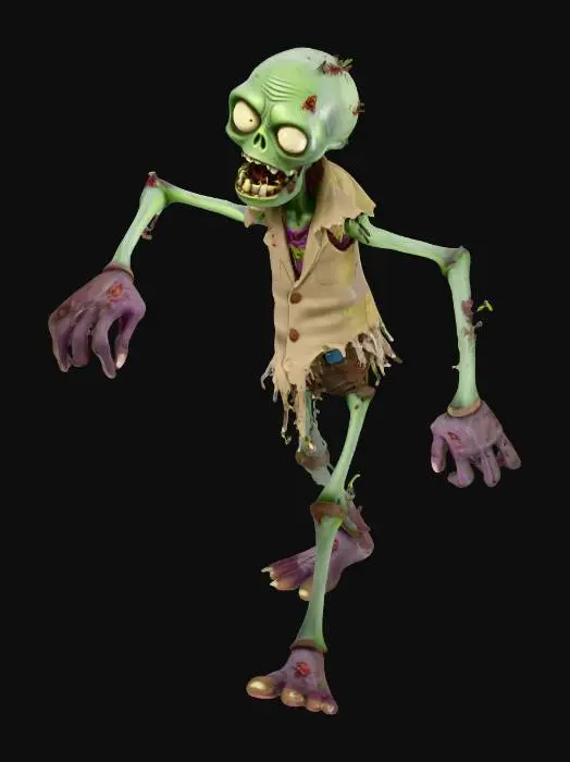 3D model for ZOMBIE FROM Plants vs Zombies, standing in a neutral A-pose.  Ultra high detail on hands, face, and clothing. 