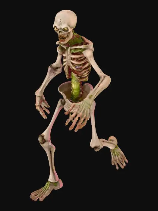 3D model for a highly detailed 3D humanoid zombie inspired by the game Plants vs Zombies, standing in a neutral A-pose. Include realistic textures, tattered clothing, exposed bones, decayed skin, and expressive facial features. Ultra high detail on hands, face, and clothing. No background. Full body view, ready for 3D use in games.