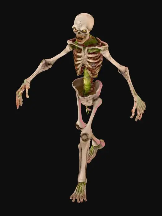 3D model for a highly detailed 3D humanoid zombie inspired by the game Plants vs Zombies, standing in a neutral A-pose. Include realistic textures, tattered clothing, exposed bones, decayed skin, and expressive facial features. Ultra high detail on hands, face, and clothing. No background. Full body view, ready for 3D use in games.