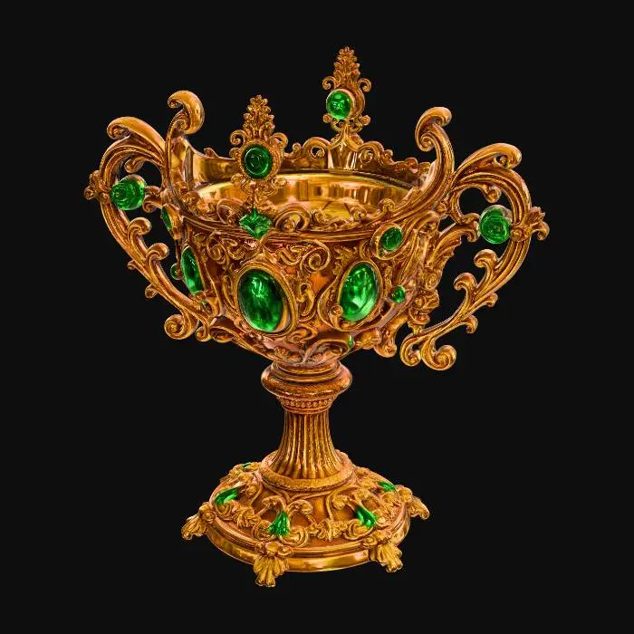3D model for Ornate ceremonial chalice, highly detailed, symmetrical design.

Large deep bowl with slightly flared rim, smooth inner surface, exterior covered in dense baroque-style relief carvings. Repeating teardrop-shaped green gemstones set around the upper bowl, each in raised gold bezels with radial ornamental framing. Smaller round green gems accent the spaces between. Surface filled with intricate scrollwork, floral motifs, filigree, and embossed patterns in high relief.

Slender stem transitioning into a bulbous ornamental node at the center, decorated with vertical fluting and small inset green gemstones. Lower stem expands into curved, flowing supports that blend into a wide circular base.

Style: luxurious fantasy artifact, royal treasure, ultra-detailed ornamental craftsmanship.