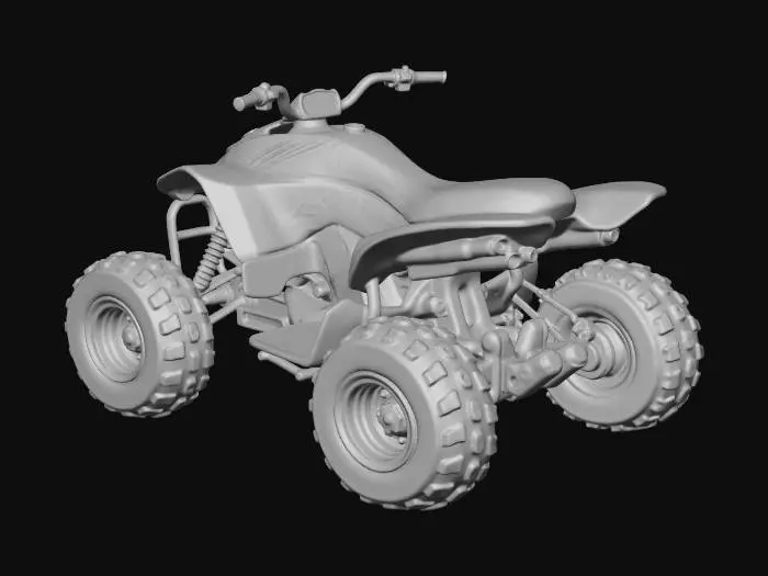 3D model for Un quad Yamaha robuste et sportif, avec une carrosserie en plastique bleu vif et noir mat, des textures lisses et des pneus tout-terrain crantés en caoutchouc. Son châssis métallique exposé, ses suspensions articulées et son moteur détaillé confèrent une structure solide. Le siège ergonomique et les guidons texturés évoquent une sensation de puissance et d'adhérence prête à l'action.