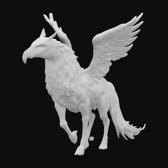 3D model for L'hippogriffe est une créature mythique avec des caractéristiques distinctives des chevaux et des aigles. Il possède le corps, les pattes arrière et la queue d'un cheval robuste, tandis que sa tête, ses ailes et ses pattes avant sont celles d'un aigle majestueux. Les plumes de ses ailes sont détaillées et souvent ornées de motifs complexes. Son crin, semblable à celui d'un cheval, flotte élégamment le long de son cou. 