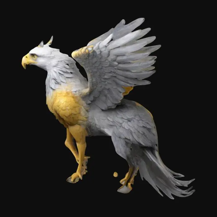 3D model for L'hippogriffe est une créature mythique avec des caractéristiques distinctives des chevaux et des aigles. Il possède le corps, les pattes arrière et la queue d'un cheval robuste, tandis que sa tête, ses ailes et ses pattes avant sont celles d'un aigle majestueux. Les plumes de ses ailes sont détaillées et souvent ornées de motifs complexes. Son crin, semblable à celui d'un cheval, flotte élégamment le long de son cou. 